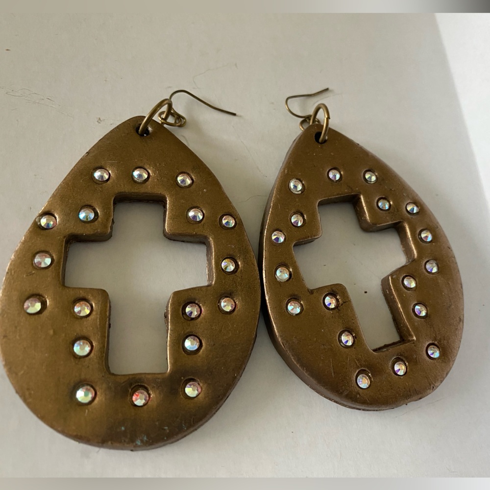 Bronze cross cut out clay earrings
